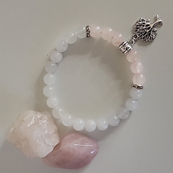 Rose Quartz & White Jade Tree of Life Charm Bracelet - Picture 2 of 8